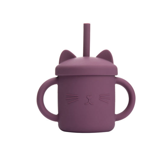 Silicone Kitty Sippy Cup with Straw (Purple)