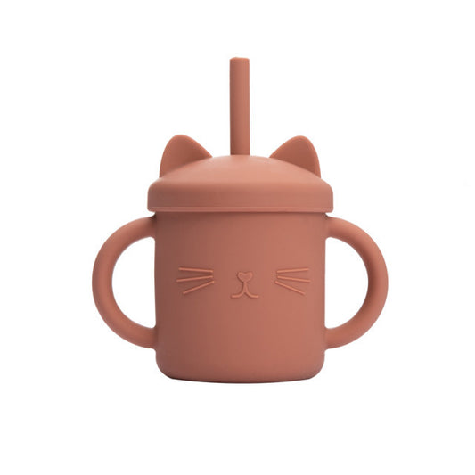 Silicone Kitty Sippy Cup with Straw (Rusty Rose)